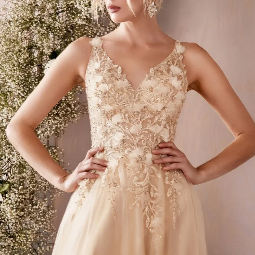 CHAMPAGNE PROM PARTY EVENING FORMAL LACE FLORAL A-LINE DRESS CD0181